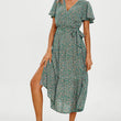 Load image into Gallery viewer, Orange Floral Print Hem Tiered Wrap Midi Dress In Green