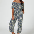 Load image into Gallery viewer, Off The Shoulder Print Frill Jumpsuit In Navy