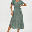 Load image into Gallery viewer, Orange Floral Print Hem Tiered Wrap Midi Dress In Green