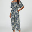 Load image into Gallery viewer, Off The Shoulder Print Frill Jumpsuit In Navy