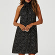 Load image into Gallery viewer, Gold Foil Halter Neck Tie Back Mini Dress In Black