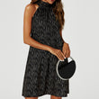 Load image into Gallery viewer, Gold Foil Halter Neck Tie Back Mini Dress In Black