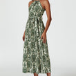Load image into Gallery viewer, Green & Beige Floral Print Tie Halterneck Maxi Dress