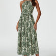 Load image into Gallery viewer, Green & Beige Floral Print Tie Halterneck Maxi Dress