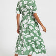 Load image into Gallery viewer, White Floral Print Lace Detail Angel Sleeve Midi Dress In Green