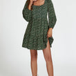 Load image into Gallery viewer, Little Floral Print Square Neck Mini Dress In Olive Green