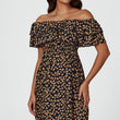 Load image into Gallery viewer, Floral Print Bardot Frill Mini Dress In Navy