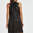Load image into Gallery viewer, Gold Foil Star Halter Neck Tie Back Mini Dress In Black
