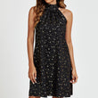 Load image into Gallery viewer, Gold Foil Star Halter Neck Tie Back Mini Dress In Black