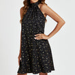 Load image into Gallery viewer, Gold Foil Star Halter Neck Tie Back Mini Dress In Black