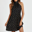 Load image into Gallery viewer, Gold Foil Star Halter Neck Tie Back Mini Dress In Black