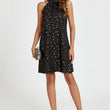 Load image into Gallery viewer, Gold Foil Star Halter Neck Tie Back Mini Dress In Black