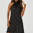 Load image into Gallery viewer, Gold Foil Halter Neck Tie Back Mini Dress In Black