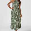 Load image into Gallery viewer, Green & Beige Floral Print Tie Halterneck Maxi Dress