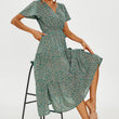 Load image into Gallery viewer, Orange Floral Print Hem Tiered Wrap Midi Dress In Green
