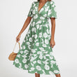 Load image into Gallery viewer, White Floral Print Lace Detail Angel Sleeve Midi Dress In Green