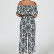 Load image into Gallery viewer, Off The Shoulder Print Frill Jumpsuit In Navy
