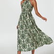 Load image into Gallery viewer, Green & Beige Floral Print Tie Halterneck Maxi Dress