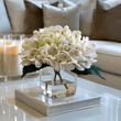 Load image into Gallery viewer, Mini Faux Cream Hydrangeas Floral Arrangement in Square Glass Vase