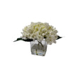 Load image into Gallery viewer, Mini Faux Cream Hydrangeas Floral Arrangement in Square Glass Vase