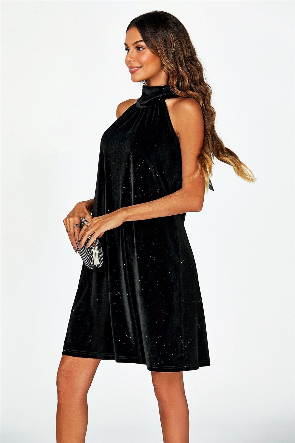 Silver Foil Velvet Halter Neck Tie Back Mini Dress In Black
