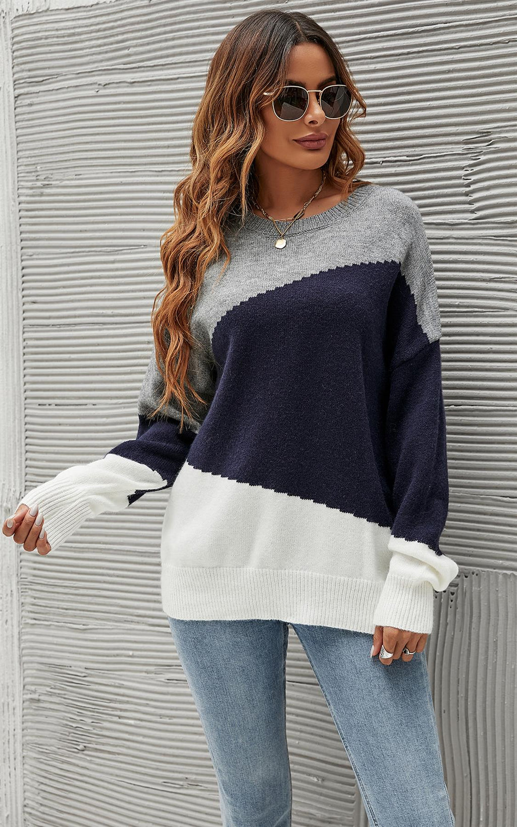 Navy & White Block Colour Jumper Top in Grey - Miola