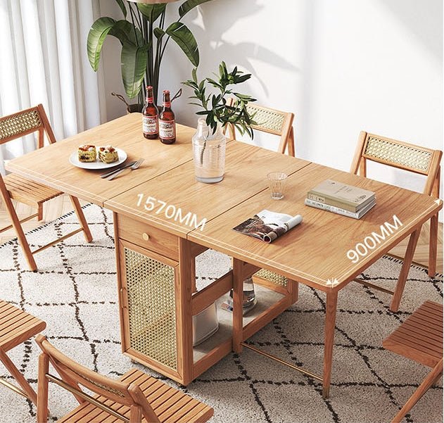 Nydia Foldable Dining Table Set With Storage, Rattan, Solid Wood - Miola