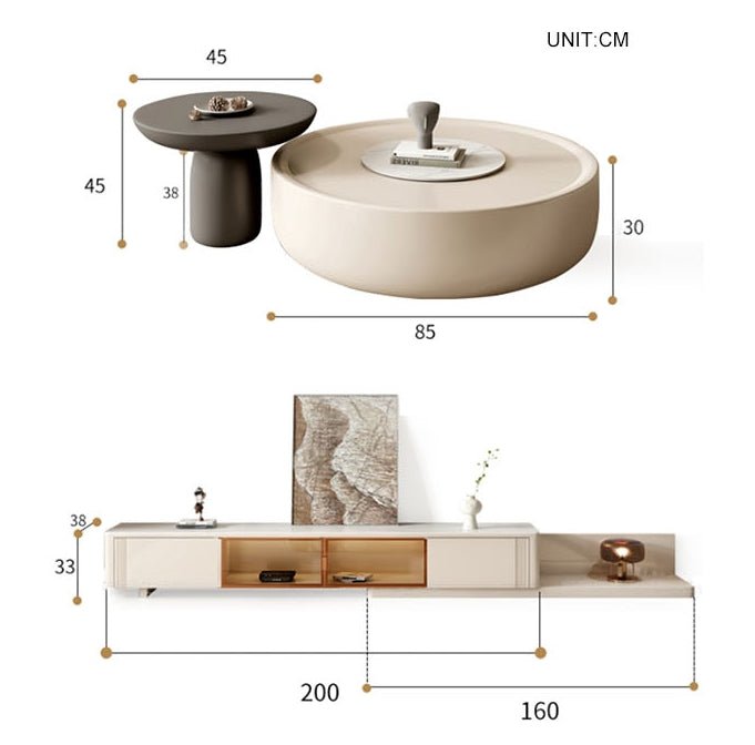 Eudora Modern Nesting Coffee Table Set With TV Stand, Cream And Grey - Miola