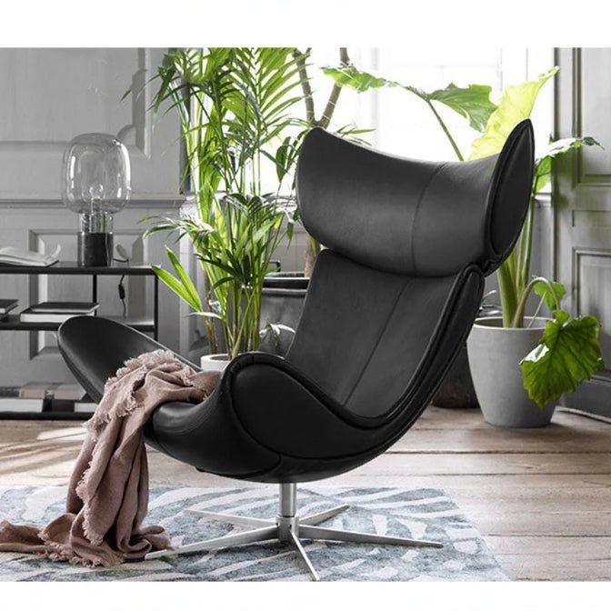 Imola Chair And Ottoman, Star Legs & Black Leather - Miola