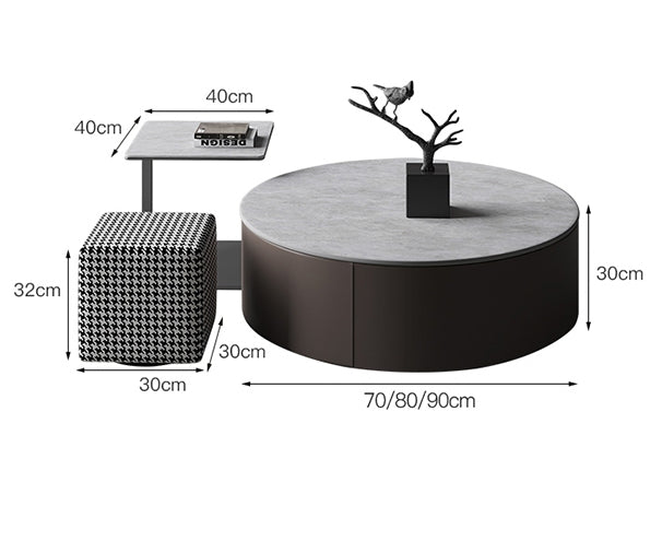 Alvis Coffee Table Set With Stool, Sintered Stone - Miola