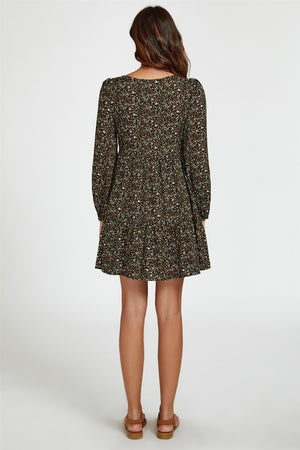 Little Floral Print Square Neck Mini Dress In Black