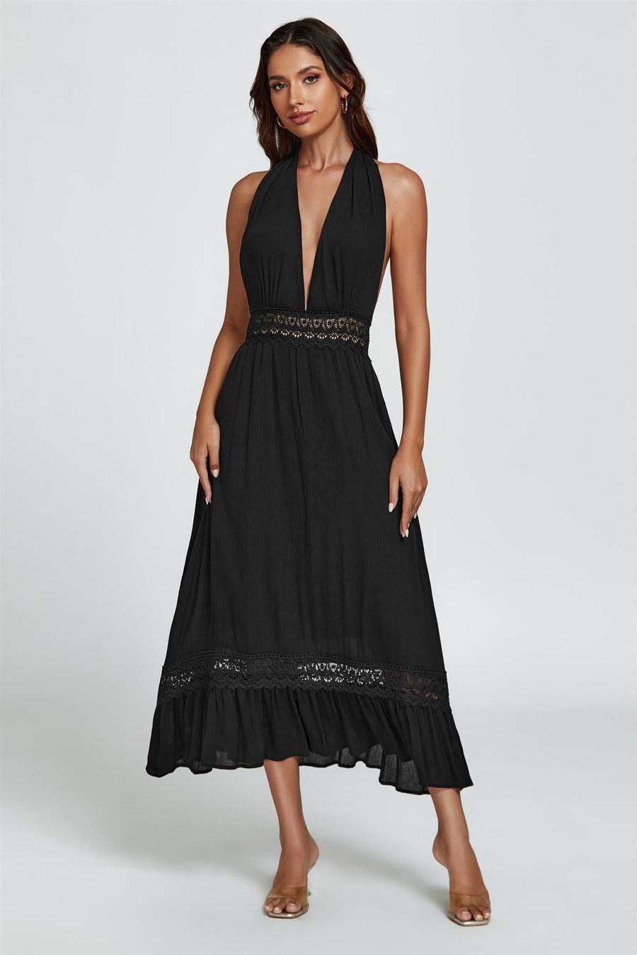 Lace Detail V Neckline Maxi Dress In Black