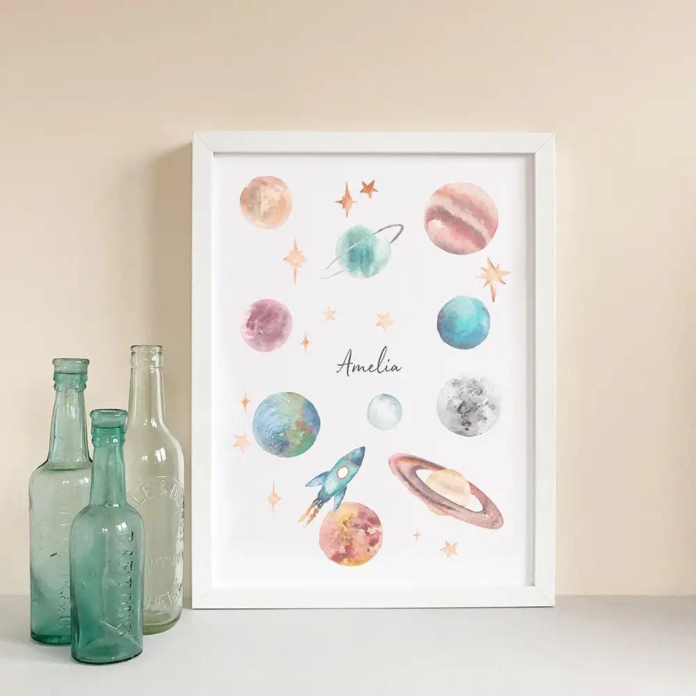 Personalised Watercolour Planets and Outer Space Print