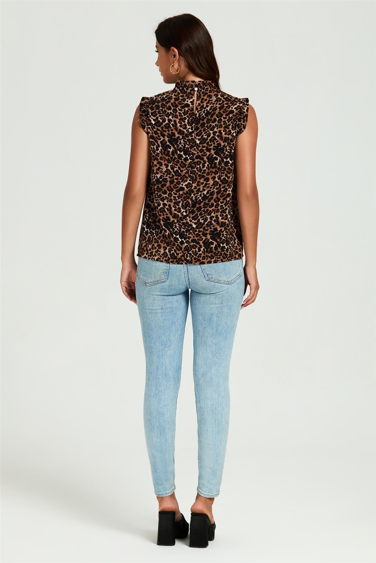 Leopard Print Frill Trim Sleeve Frill Neck Blouse Top In Brown