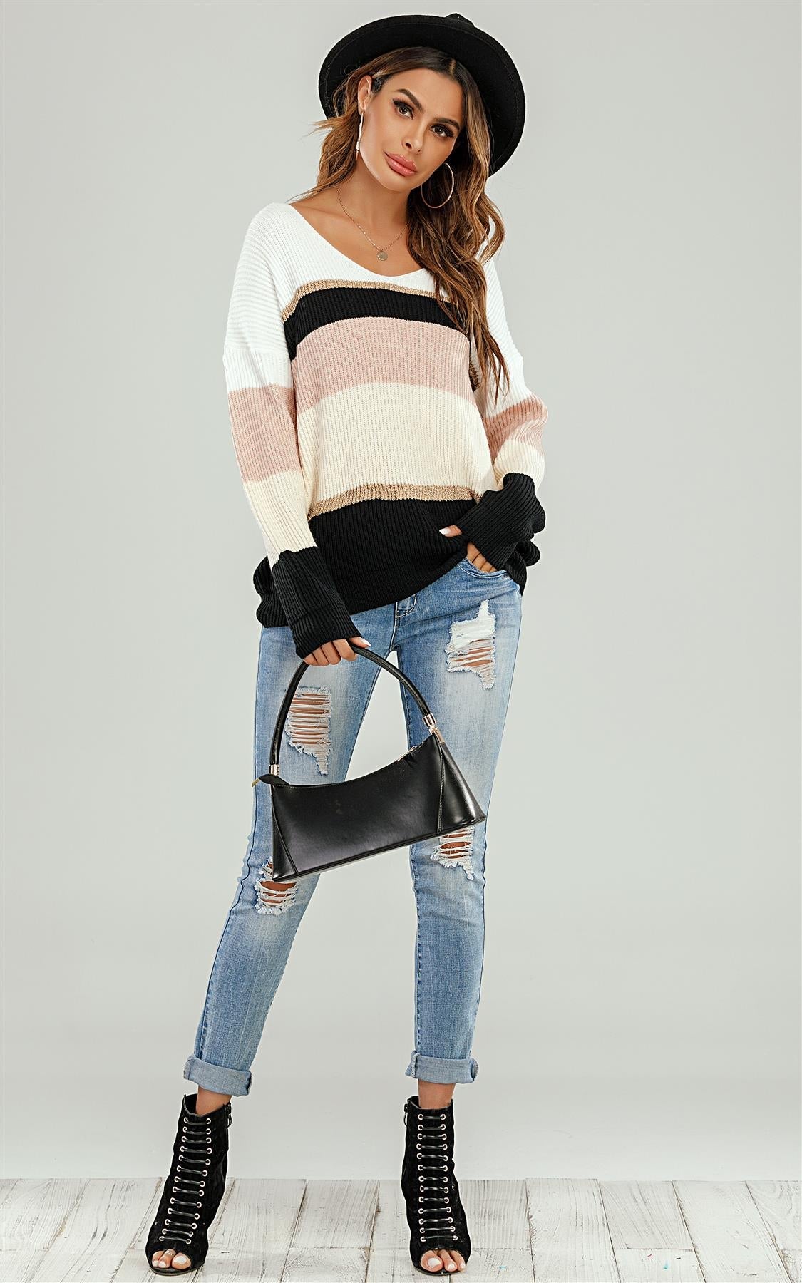 Striped Jumper In Pink & White & Golden & Beige