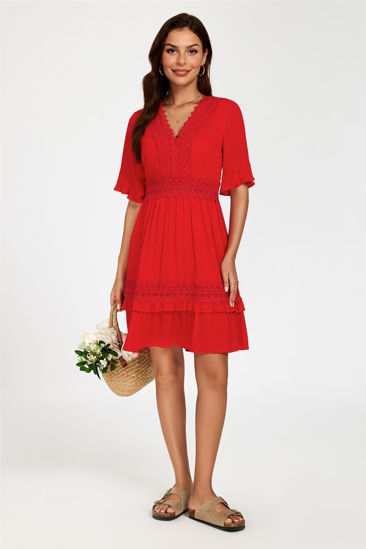 V Neck Lace Mini Dress In Red