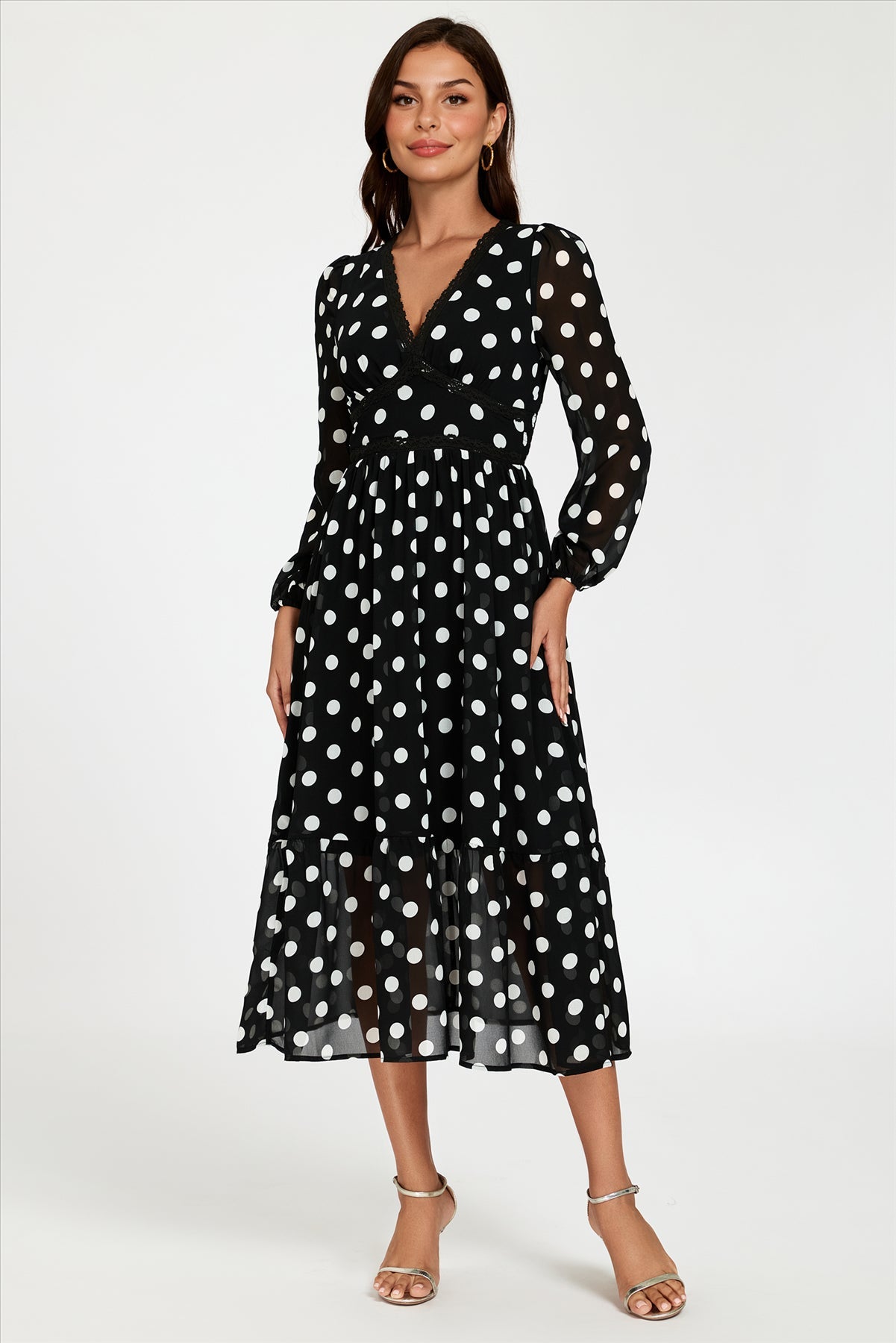 Dot Print Lace Trim Long Sleeve Maxi Dress In Black