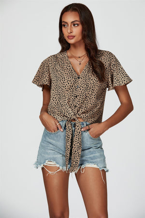 Leopard Print Tie Knot Front Buttoned Crop Top In Beige