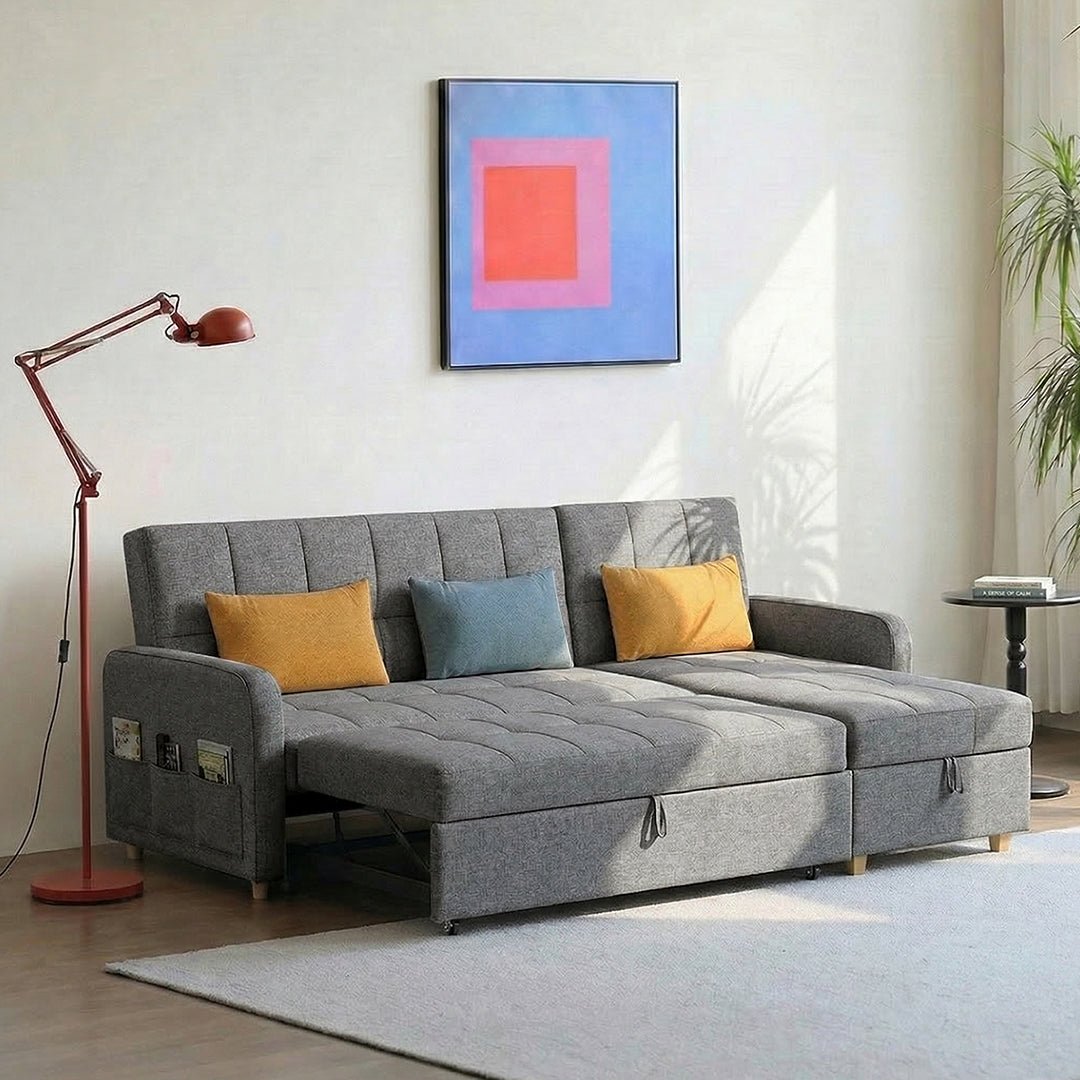 ML203 Three Seater Sofa Bed, L Shape Sofa Bed With Storage, Linen - Miola