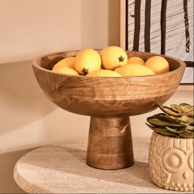Kara Mango Wood Serving or Fruit Bowl with Pedestal Base - Miola