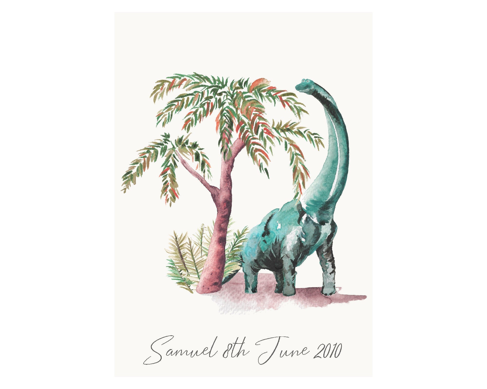 Personalised Watercolour Brontosaurus Dinosaur Wall Print