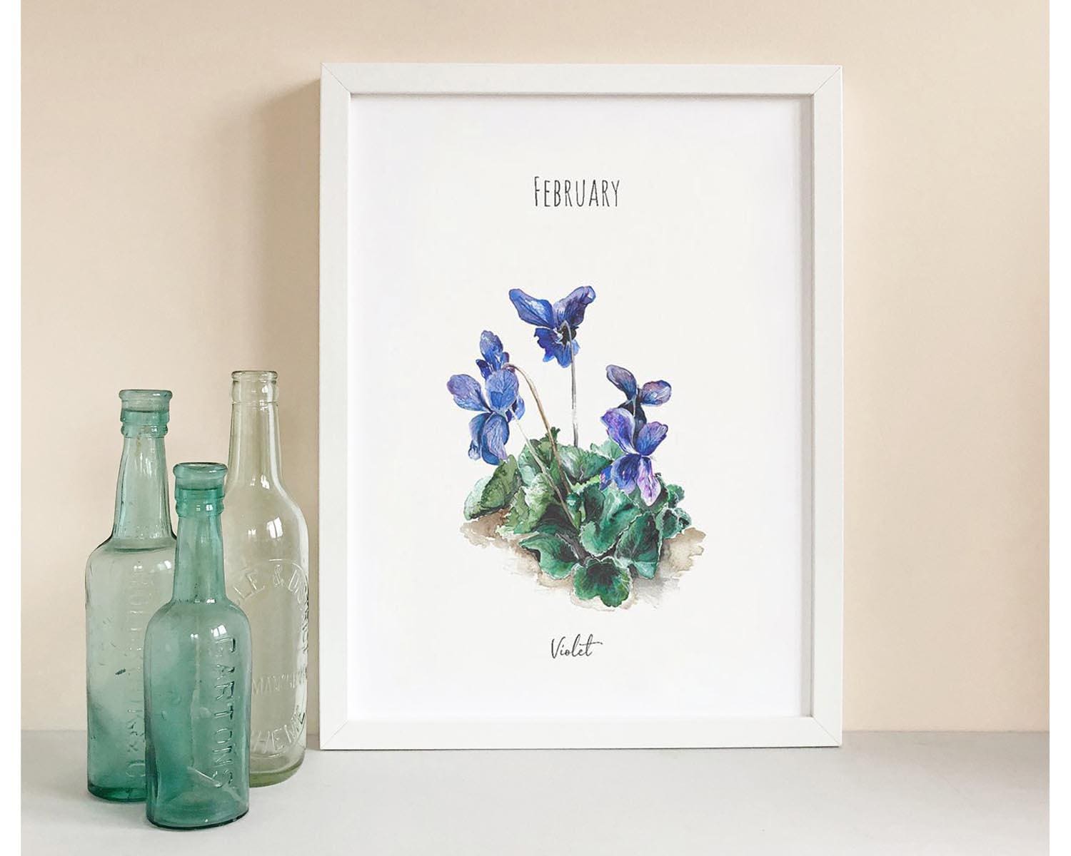 Violet - February Birth Flower - Watercolour Fine Art Print