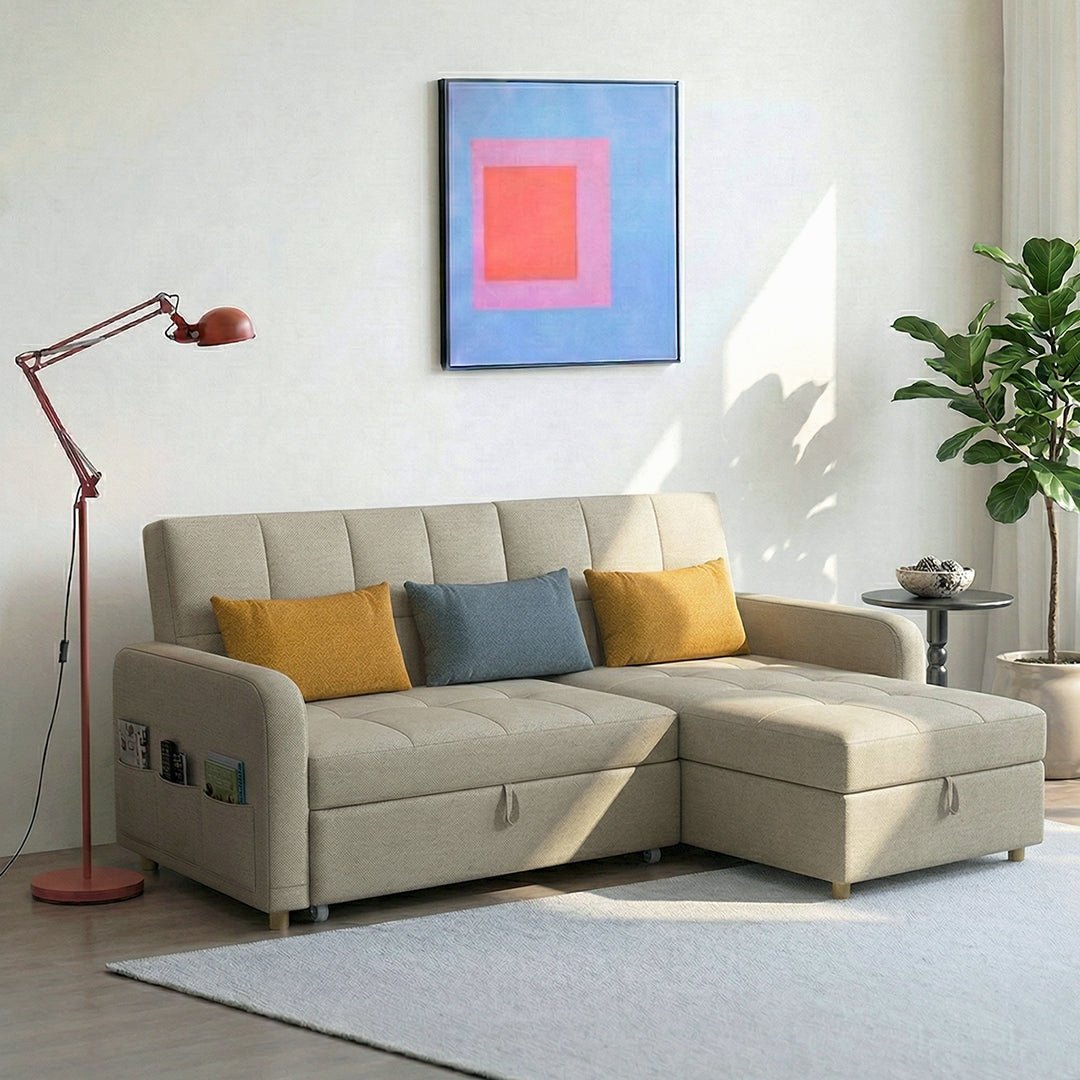 ML203 Three Seater Sofa Bed, L Shape Sofa Bed With Storage, Linen - Miola