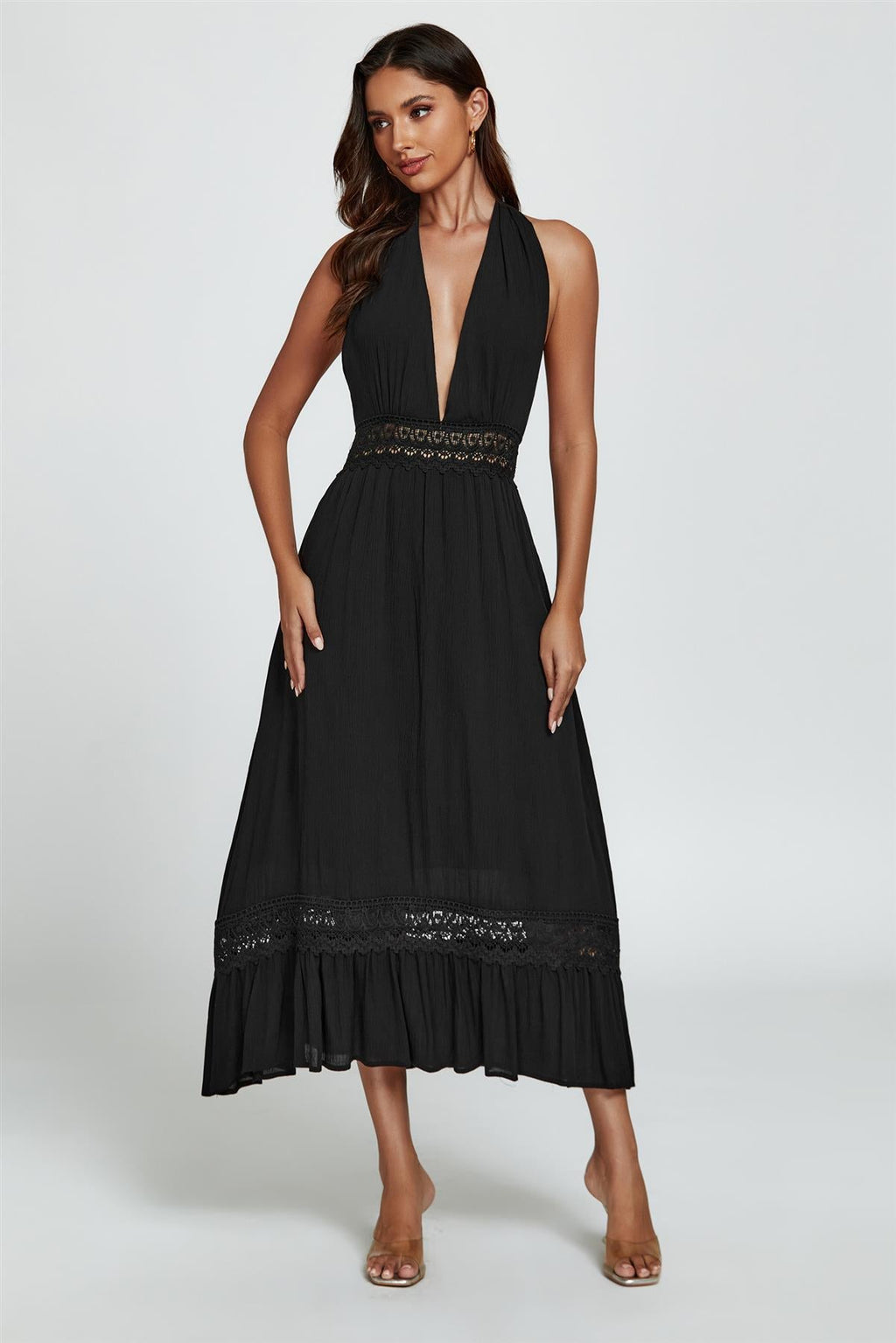 Lace Detail V Neckline Maxi Dress In Black