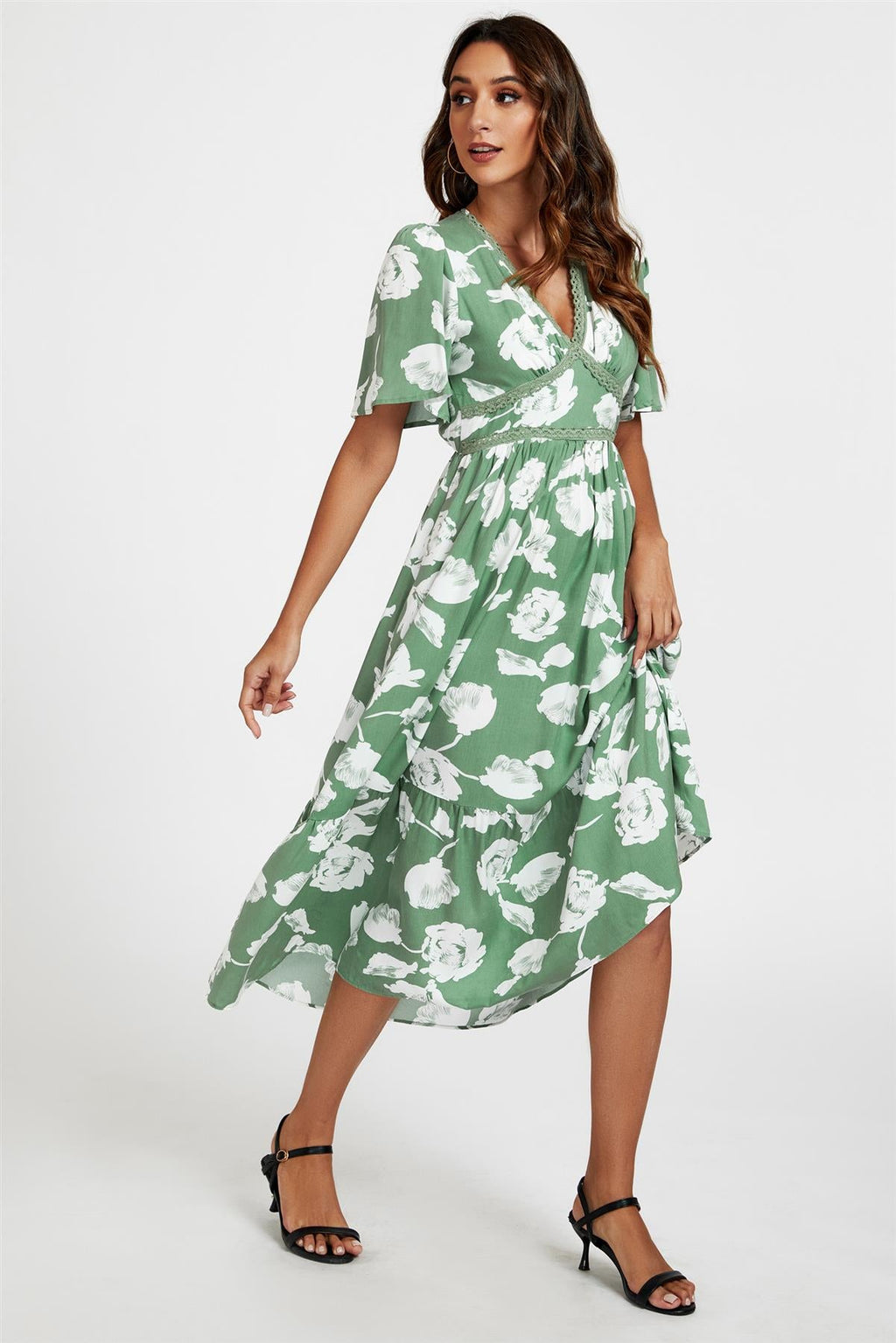 White Floral Print Lace Detail Angel Sleeve Midi Dress In Green
