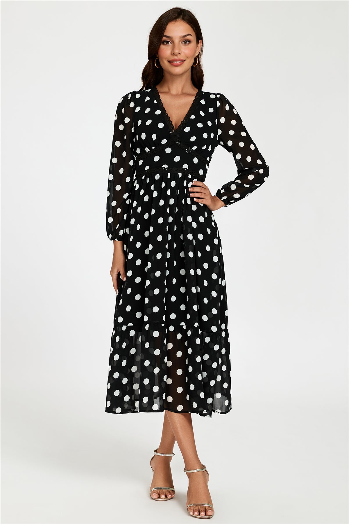 Dot Print Lace Trim Long Sleeve Maxi Dress In Black
