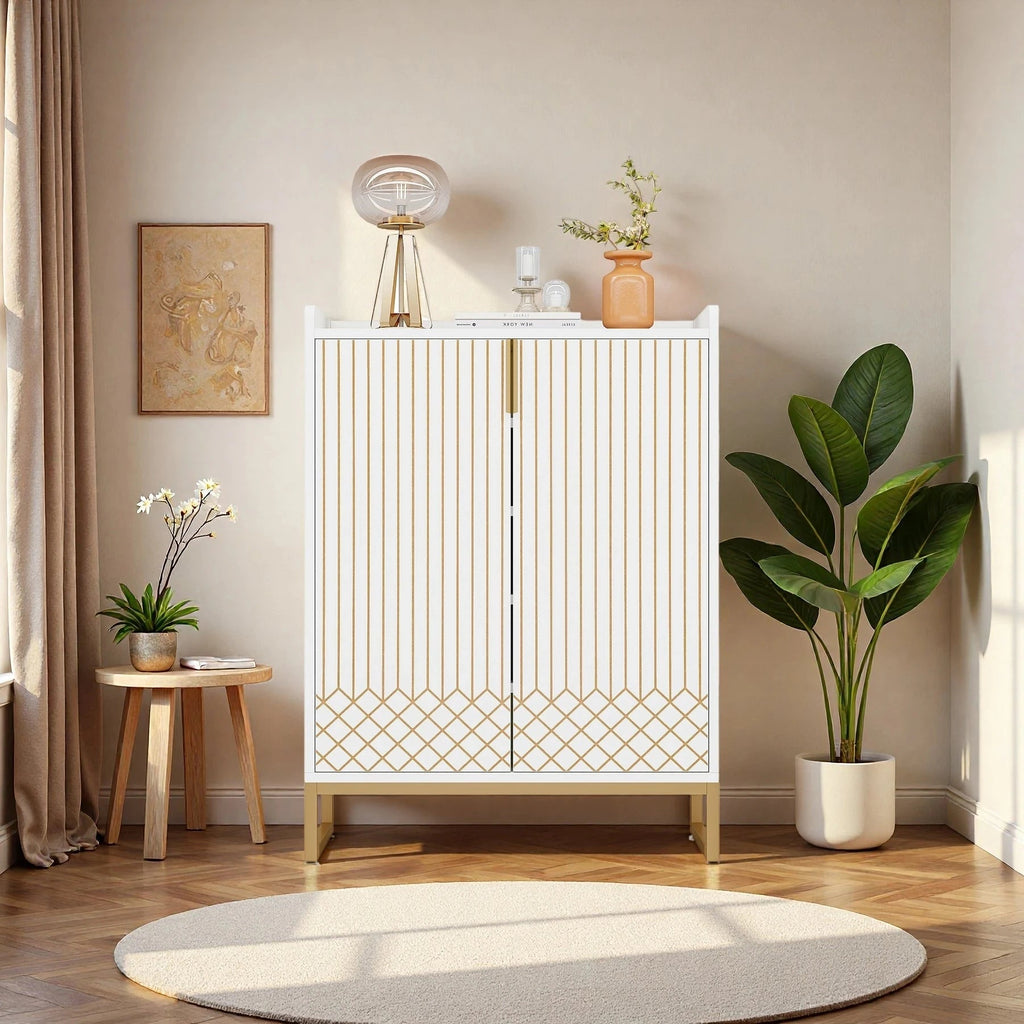Art Deco Accent Cabinet - White & Gold Luxury Sideboard & Bar Station - Miola