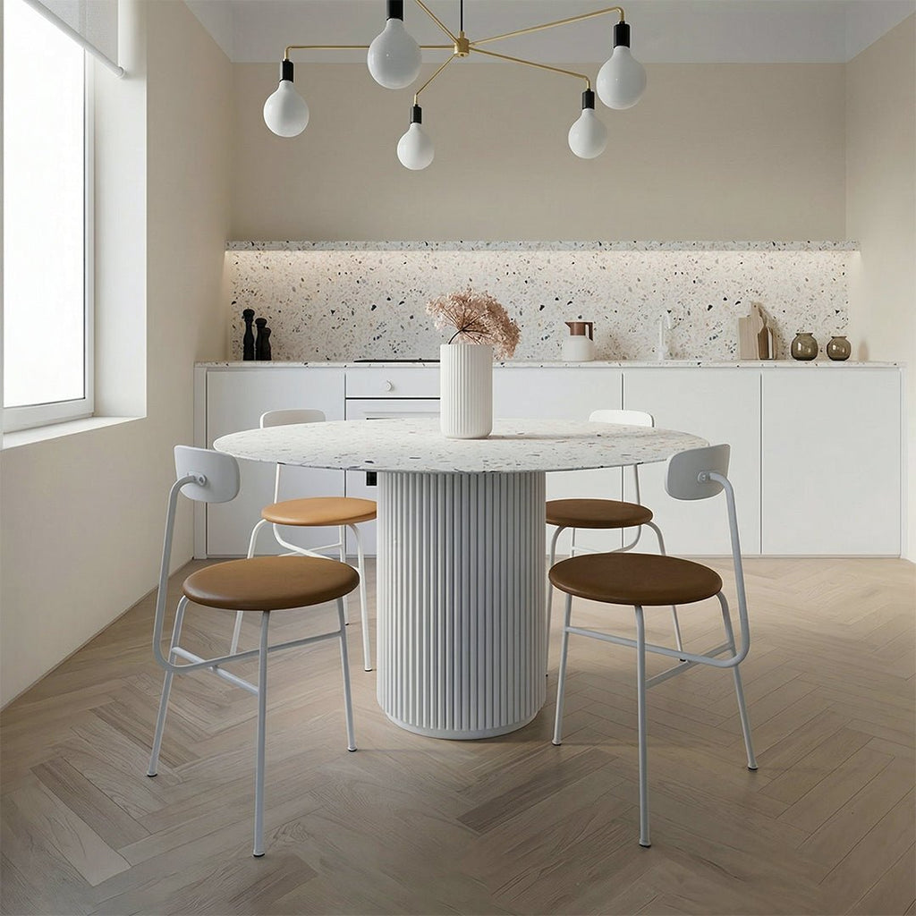 Cracky White Round Dining Table, Premium Terrazzo And Wood Base - Miola