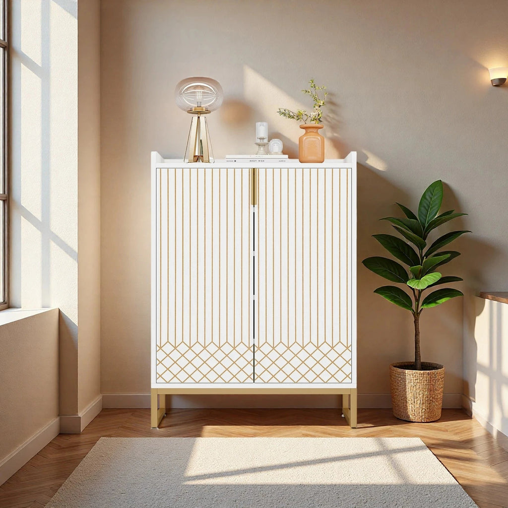 Art Deco Accent Cabinet - White & Gold Luxury Sideboard & Bar Station - Miola