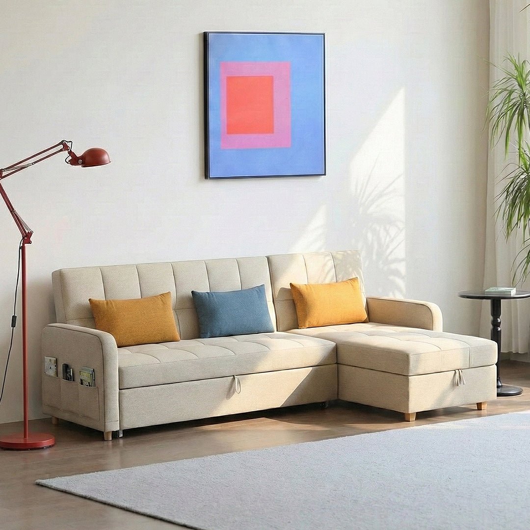 ML203 Three Seater Sofa Bed, L Shape Sofa Bed With Storage, Linen - Miola